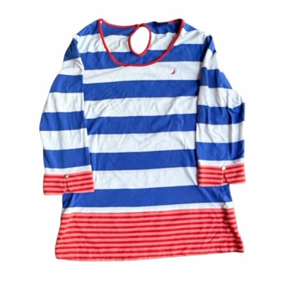 Nautica Lg Coastal Americana Striped Blue White Red 3/4 Sleeve Cotton Shirt
